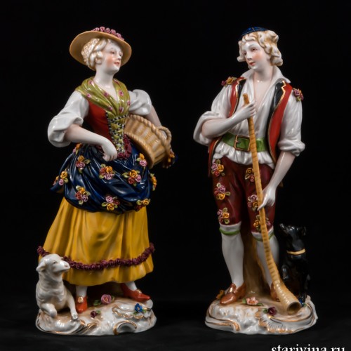 Жанровая пара, девушка с корзиной, юноша с рожком, E. A. Muller, Германия, кон. 19 в