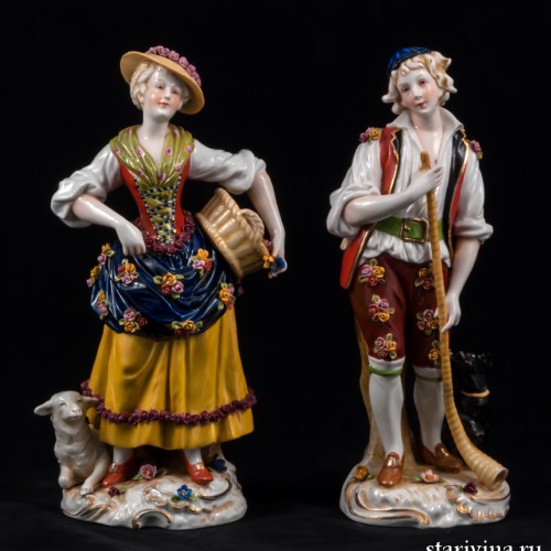 Жанровая пара, девушка с корзиной, юноша с рожком, E. A. Muller, Германия, кон. 19 в