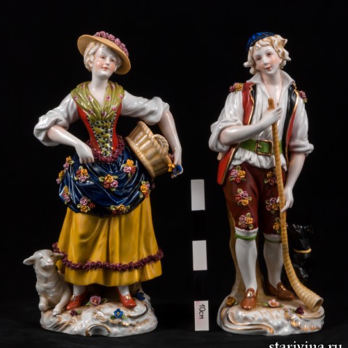 Жанровая пара, девушка с корзиной, юноша с рожком, E. A. Muller, Германия, кон. 19 в