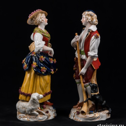 Жанровая пара, девушка с корзиной, юноша с рожком, E. A. Muller, Германия, кон. 19 в