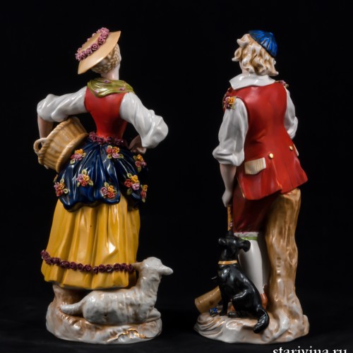 Жанровая пара, девушка с корзиной, юноша с рожком, E. A. Muller, Германия, кон. 19 в