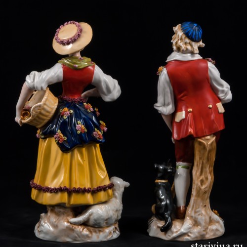 Жанровая пара, девушка с корзиной, юноша с рожком, E. A. Muller, Германия, кон. 19 в