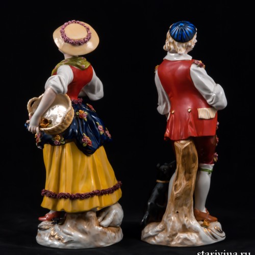 Жанровая пара, девушка с корзиной, юноша с рожком, E. A. Muller, Германия, кон. 19 в