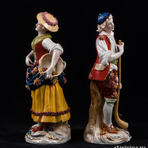 Жанровая пара, девушка с корзиной, юноша с рожком, E. A. Muller, Германия, кон. 19 в
