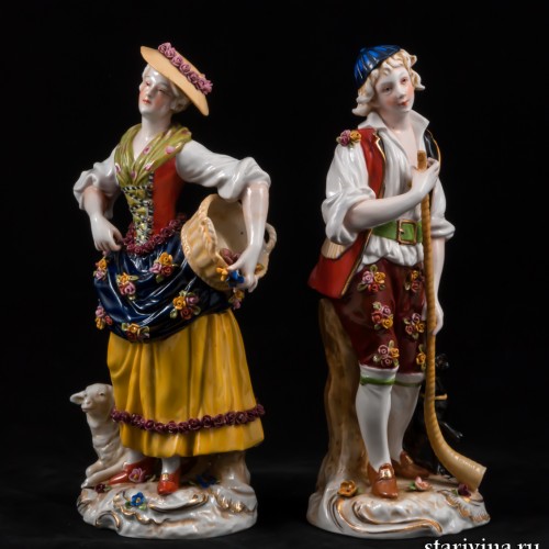 Жанровая пара, девушка с корзиной, юноша с рожком, E. A. Muller, Германия, кон. 19 в