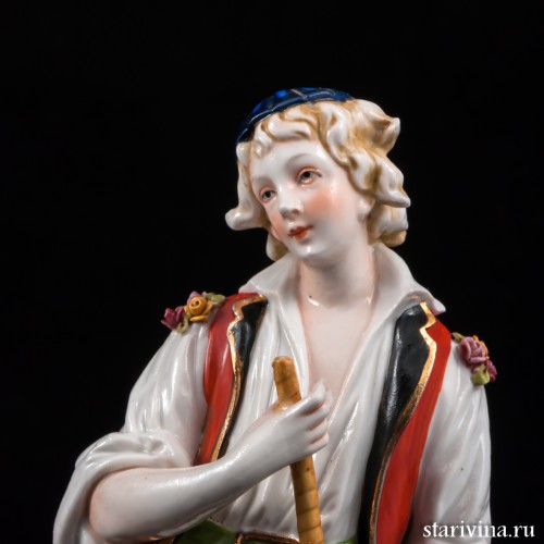 Жанровая пара, девушка с корзиной, юноша с рожком, E. A. Muller, Германия, кон. 19 в