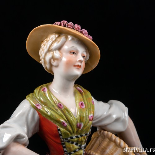 Жанровая пара, девушка с корзиной, юноша с рожком, E. A. Muller, Германия, кон. 19 в