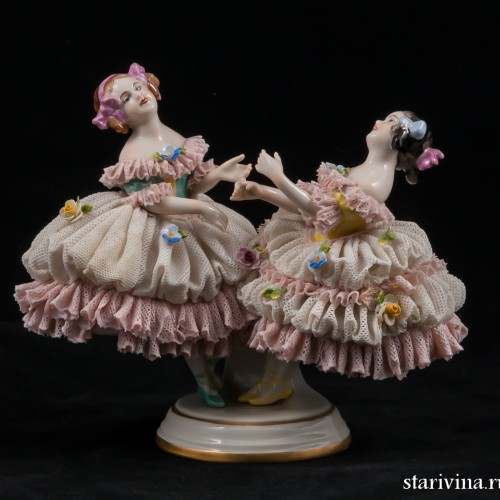 Две девочки, кружевницы, Volkstedt, Германия, 1950 гг