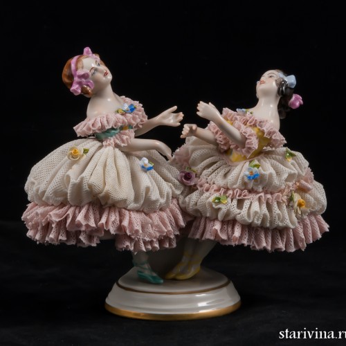 Две девочки, кружевницы, Volkstedt, Германия, 1950 гг