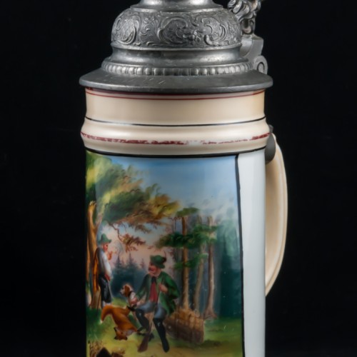 Старинная фарфоровая пивная кружка "Охотники на привале", 1/2л, Германия, 1900 гг