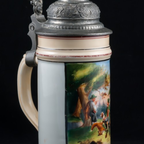 Старинная фарфоровая пивная кружка "Охотники на привале", 1/2л, Германия, 1900 гг