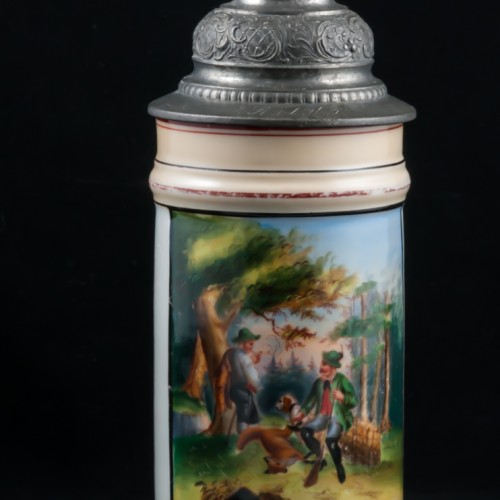 Старинная фарфоровая пивная кружка "Охотники на привале", 1/2л, Германия, 1900 гг