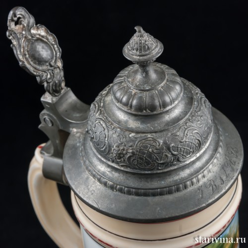 Старинная фарфоровая пивная кружка "Охотники на привале", 1/2л, Германия, 1900 гг