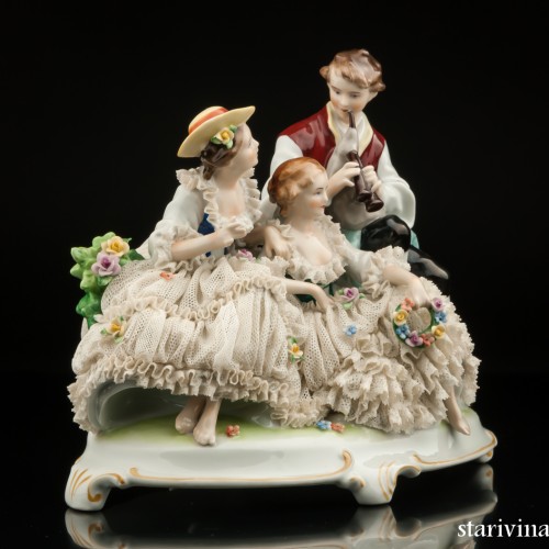 Пасторальная группа с волынкой, кружевная, Unterweissbach, Германия, 1940-58 гг