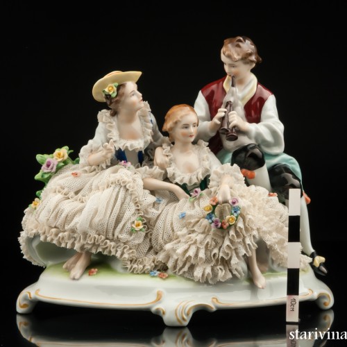 Пасторальная группа с волынкой, кружевная, Unterweissbach, Германия, 1940-58 гг