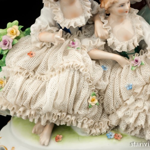 Пасторальная группа с волынкой, кружевная, Unterweissbach, Германия, 1940-58 гг