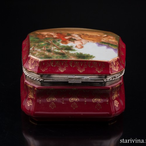 Шкатулка Охотник и пастушка, бордовая, Германия, сер. 20 в