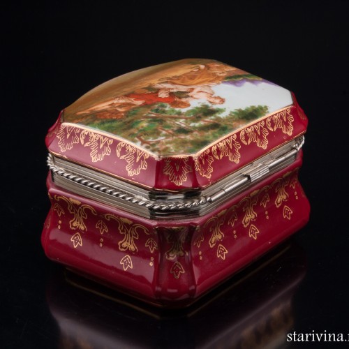 Шкатулка Охотник и пастушка, бордовая, Германия, сер. 20 в