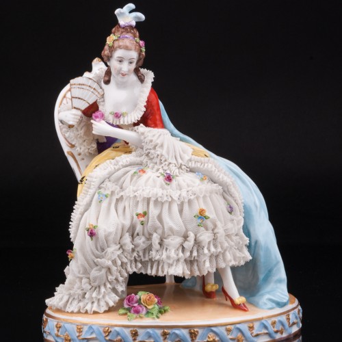 Девушка с веером на стуле, кружевная, E. A. Muller, Германия, кон. 19 - нач. 20 вв