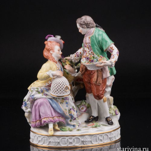 Пара с птичьей клеткой и корзиной цветов, Meissen, Германия, 1951 г