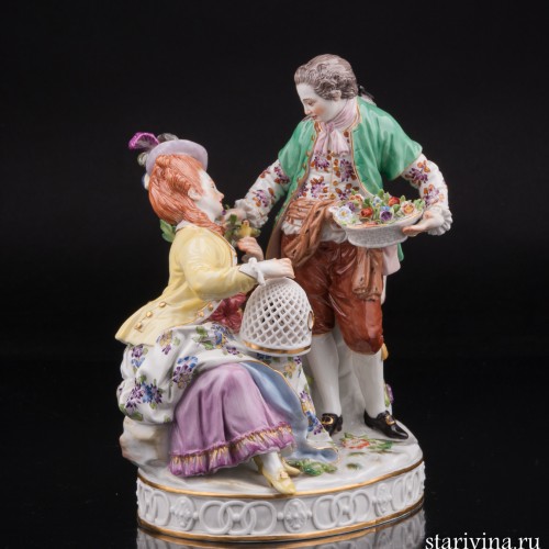 Пара с птичьей клеткой и корзиной цветов, Meissen, Германия, 1951 г