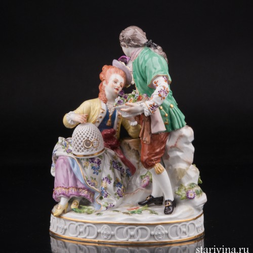 Пара с птичьей клеткой и корзиной цветов, Meissen, Германия, 1951 г