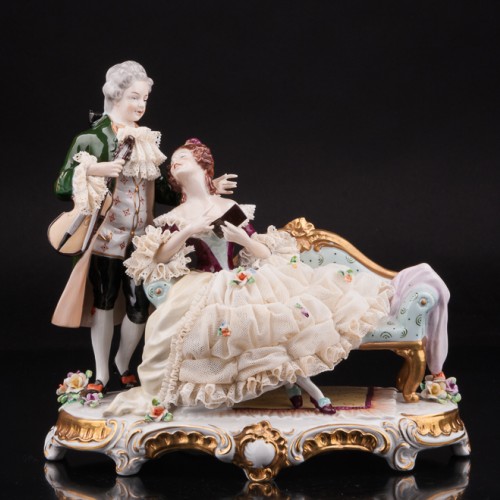 Пара с книжкой и скрипкой, кружевная, Unterweissbach, Германия, 1960 гг