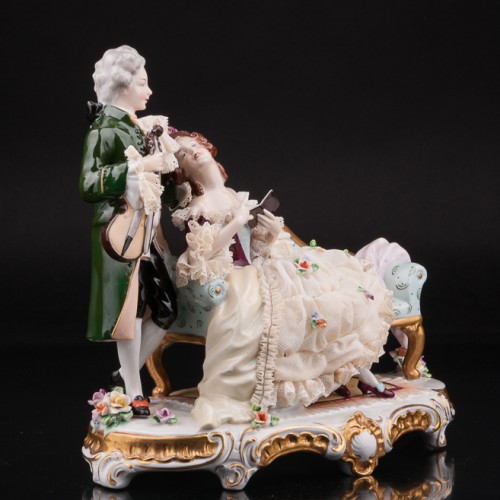 Пара с книжкой и скрипкой, кружевная, Unterweissbach, Германия, 1960 гг