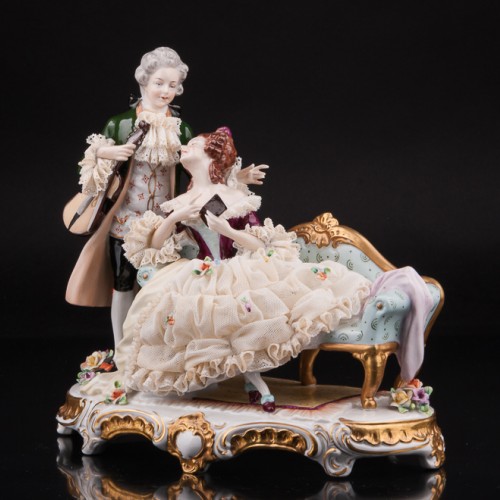 Пара с книжкой и скрипкой, кружевная, Unterweissbach, Германия, 1960 гг