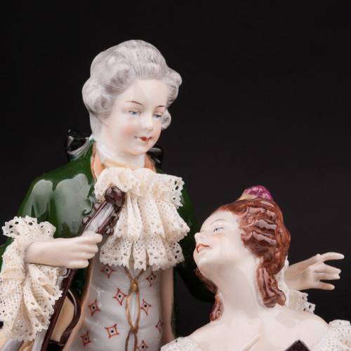 Пара с книжкой и скрипкой, кружевная, Unterweissbach, Германия, 1960 гг