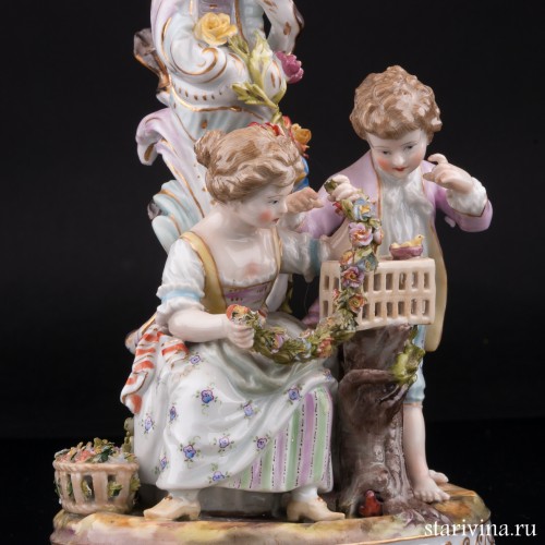 Дети с гирляндой и птичьей клеткой, подсвечник, Германия, 1888-1901 гг