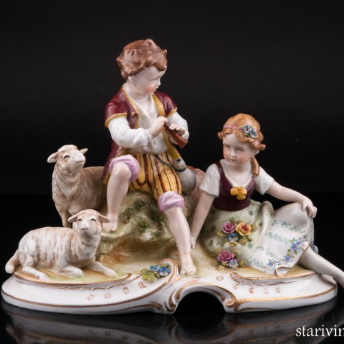 Пастушки, пара с овечками и флейтой, E. A. Muller, Германия, нач. 20 в