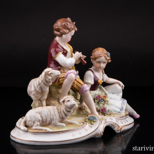 Пастушки, пара с овечками и флейтой, E. A. Muller, Германия, нач. 20 в
