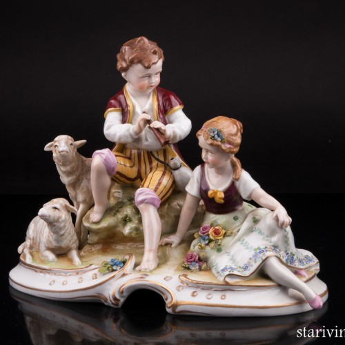 Пастушки, пара с овечками и флейтой, E. A. Muller, Германия, нач. 20 в