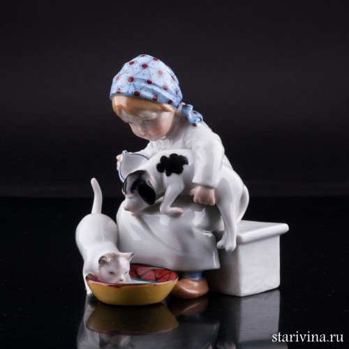 Девочка кормящая котенка и щенка, E. A. Muller, Германия, 1890-1927 гг