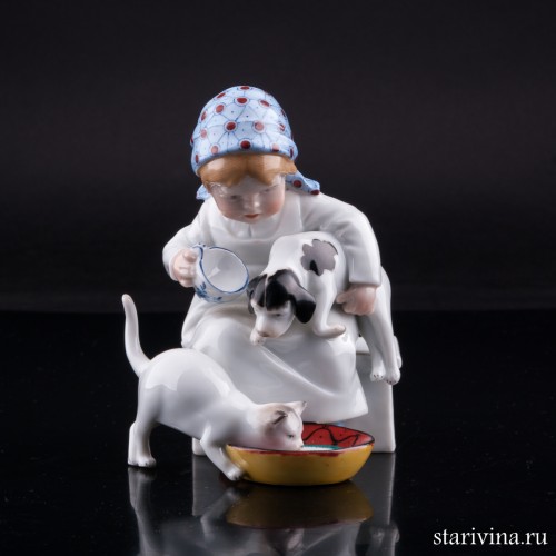 Девочка кормящая котенка и щенка, E. A. Muller, Германия, 1890-1927 гг