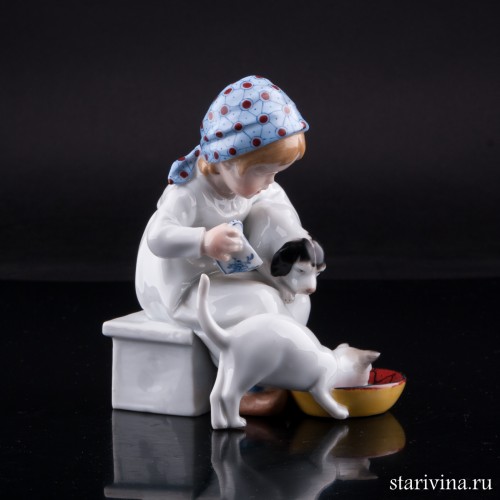 Девочка кормящая котенка и щенка, E. A. Muller, Германия, 1890-1927 гг