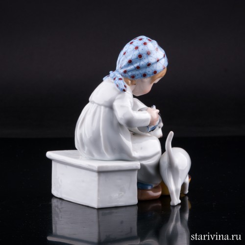 Девочка кормящая котенка и щенка, E. A. Muller, Германия, 1890-1927 гг