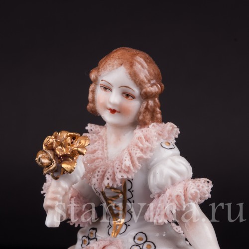 Девочка с цветком, кружевная, миниатюра, Muller & Co, Германия, пер. пол. 20 в