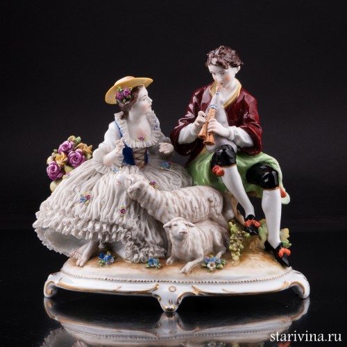 Пара с овечками, кружевная, E. A. Muller, Германия, нач. 20 в