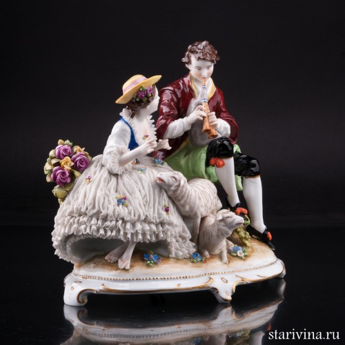 Пара с овечками, кружевная, E. A. Muller, Германия, нач. 20 в