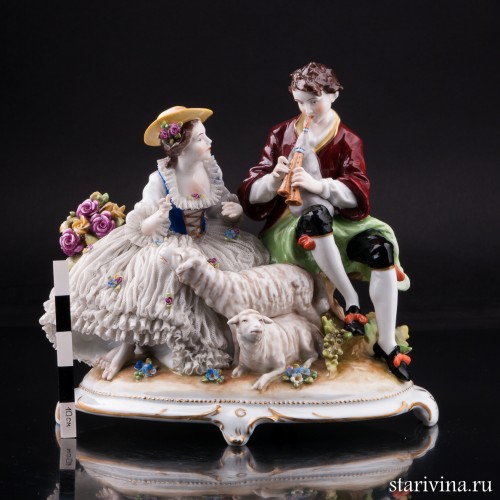 Пара с овечками, кружевная, E. A. Muller, Германия, нач. 20 в