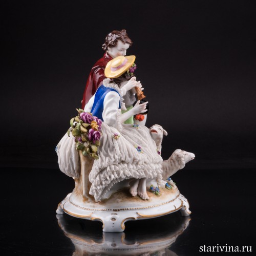 Пара с овечками, кружевная, E. A. Muller, Германия, нач. 20 в