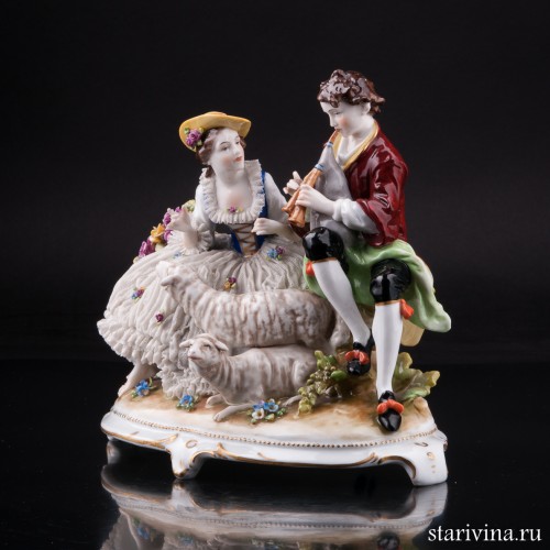 Пара с овечками, кружевная, E. A. Muller, Германия, нач. 20 в