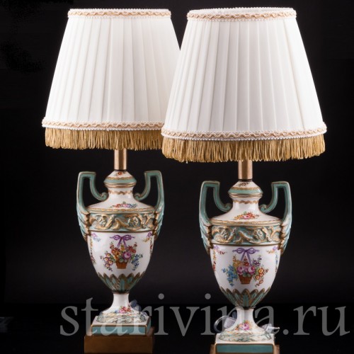 Две парные бирюзовые лампы на бронзовых постаментах, Франция, нач. 20 в