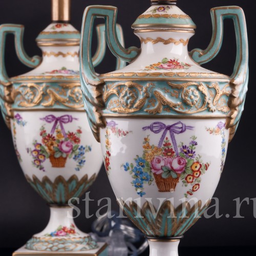 Две парные бирюзовые лампы на бронзовых постаментах, Франция, нач. 20 в