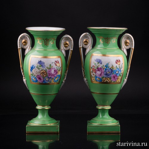 Две парные зеленые вазы с цветами, Carl Thieme, Германия, пер. пол. 20 в