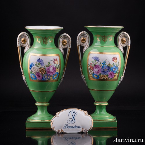 Две парные зеленые вазы с цветами, Carl Thieme, Германия, пер. пол. 20 в