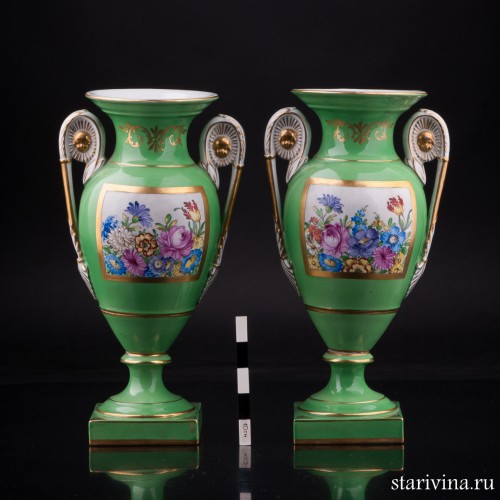Две парные зеленые вазы с цветами, Carl Thieme, Германия, пер. пол. 20 в