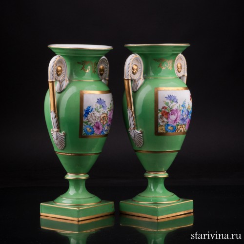 Две парные зеленые вазы с цветами, Carl Thieme, Германия, пер. пол. 20 в